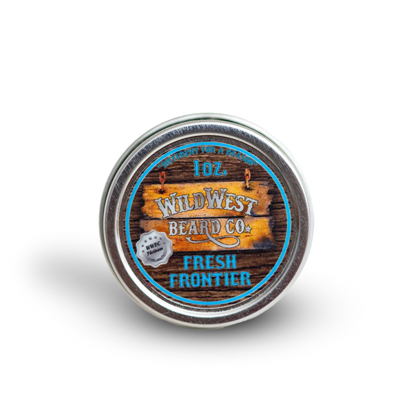 A clean shot of the Fresh Frontier Platinum all natural beard balm tin