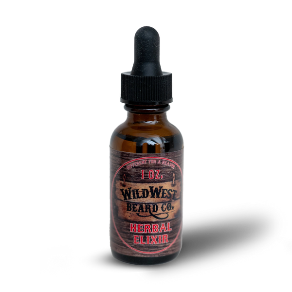 Bottle of Wild West Beard Co. Herbal Elixer on a white background