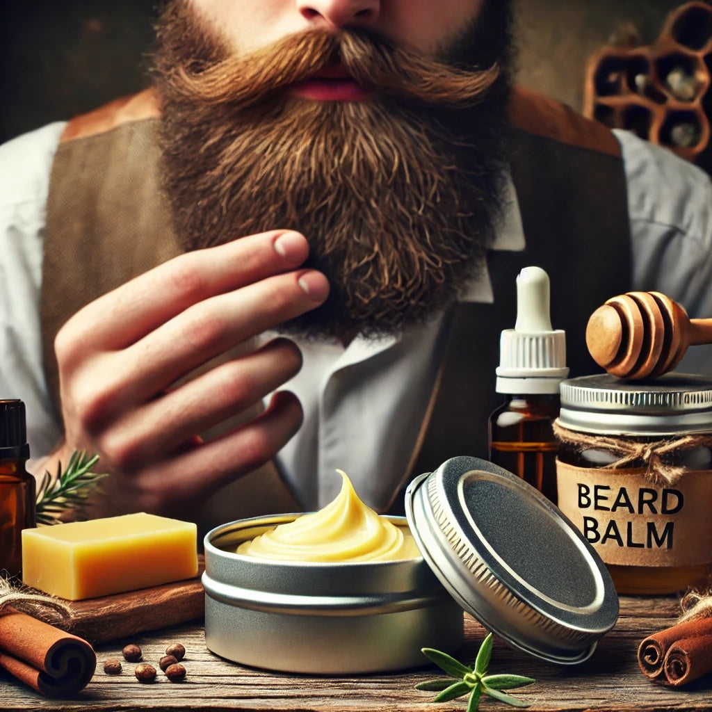 A bearded man with all the natural supplies for beard balm in front of him