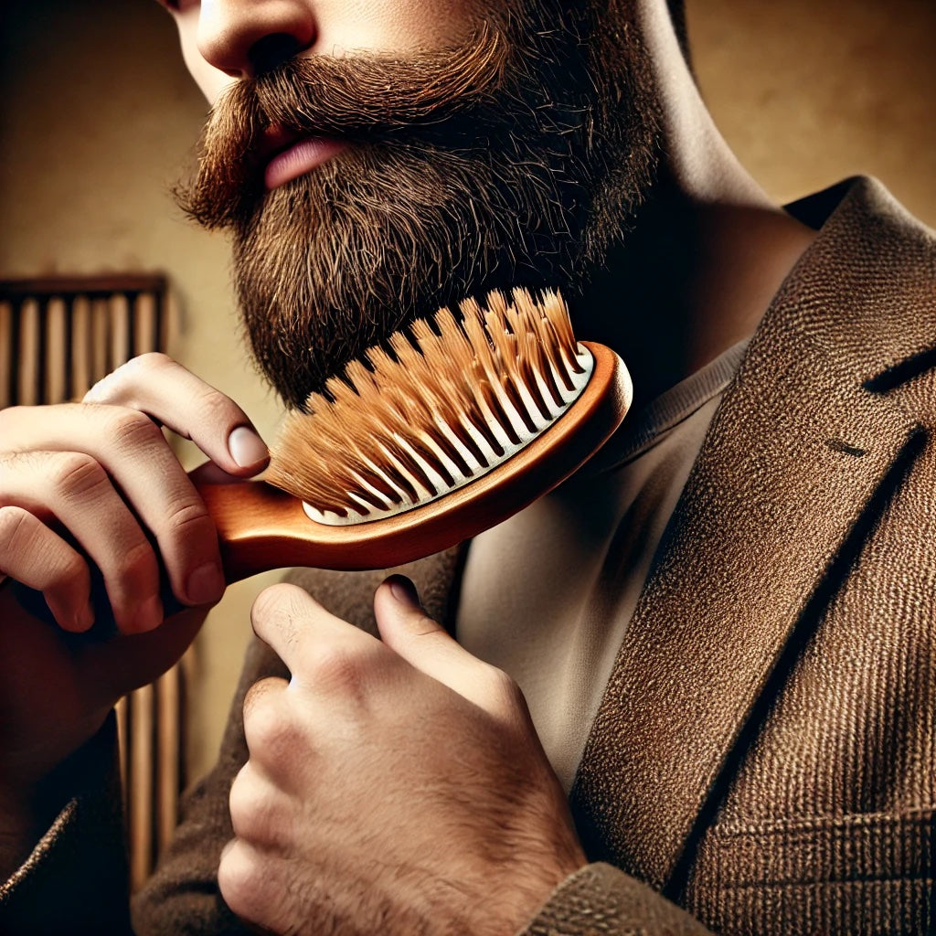 A bearded gentleman brushing his beard out with a quality beard brush