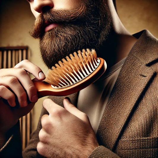 A bearded gentleman brushing his beard out with a quality beard brush