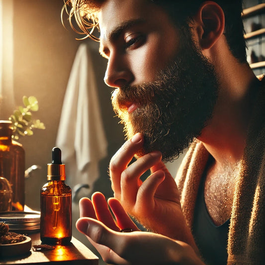 A man applying beard oil after a hot shower