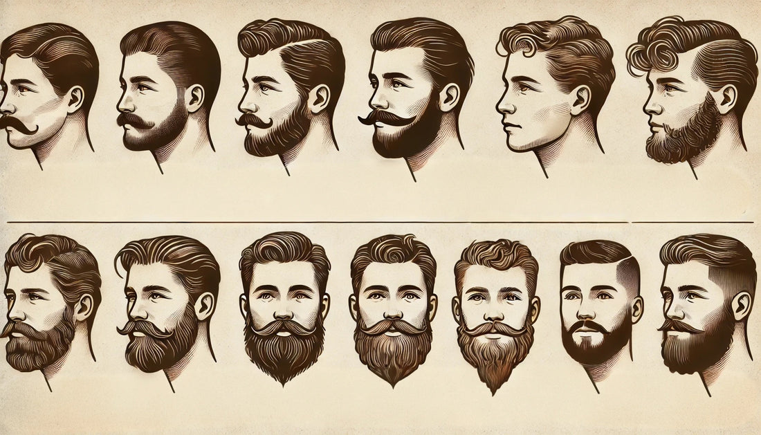 A picture of different beard styles over the years. From clean shaven to full lumberjack