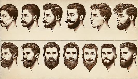 A picture of different beard styles over the years. From clean shaven to full lumberjack