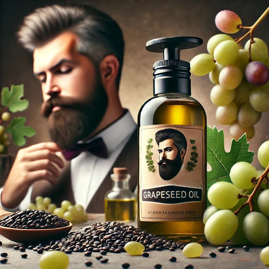a handsome bearded man with a bottle of natural grapeseed oil