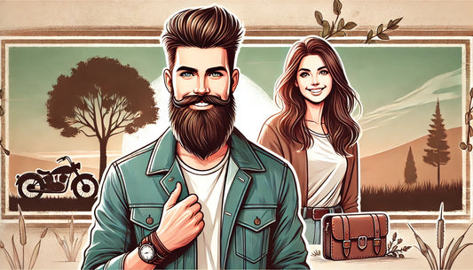 A picture of a handsome bearded man and a girl behind him admiring