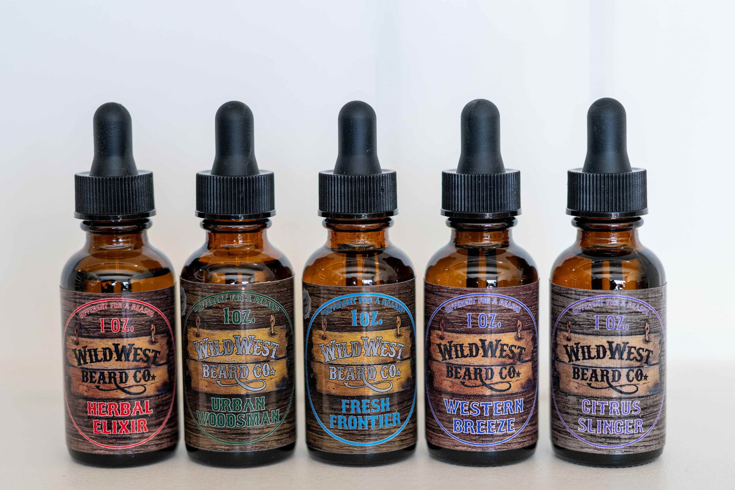A picture of all five natural beard oils from wild west beard co.