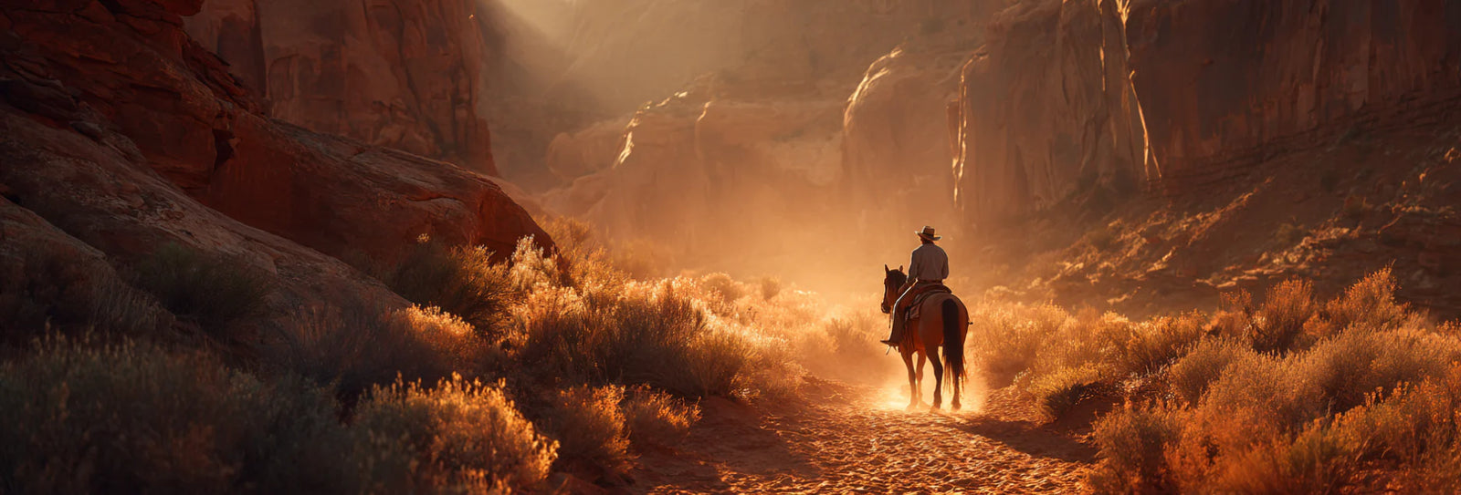Cowboy riding in a canyon