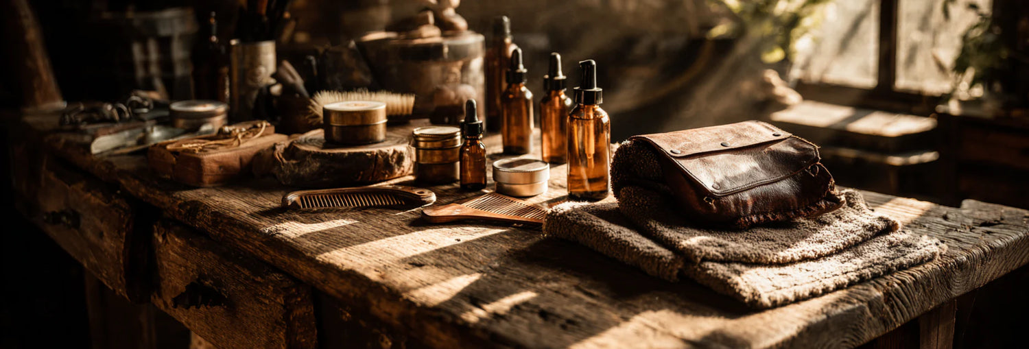 A picutre of Wild West Beard Co.'s travel kit filled with natural beard oil natural beard balm pear wood beard comb and a boars hair beech wood beard brush