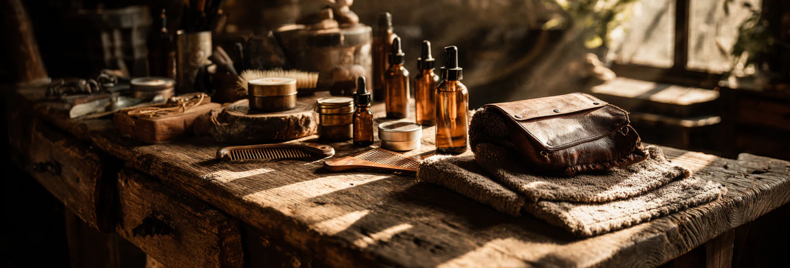 A picutre of Wild West Beard Co.'s travel kit filled with natural beard oil natural beard balm pear wood beard comb and a boars hair beech wood beard brush