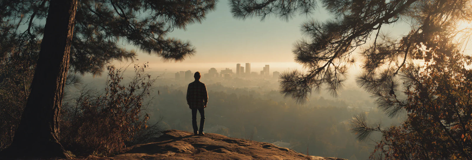 man standing on edge of cliff overlooking city in the distance