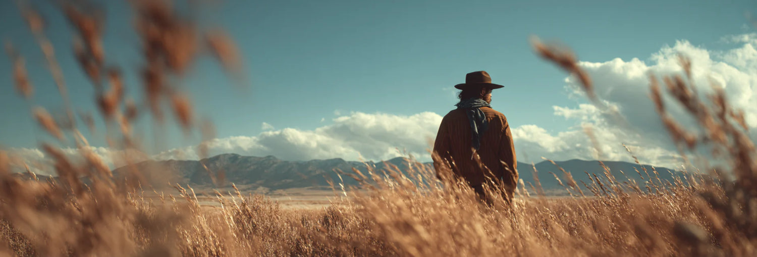 Cowboy in a field of grain with mountains in the back