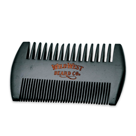 A picture of Wild West Beard Co.'s Pear wood two tong beard comb.