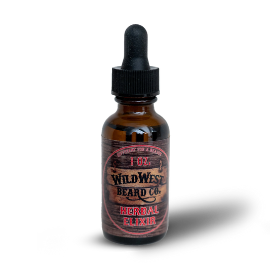 Bottle of Wild West Beard Co. Herbal Elixer on a white background