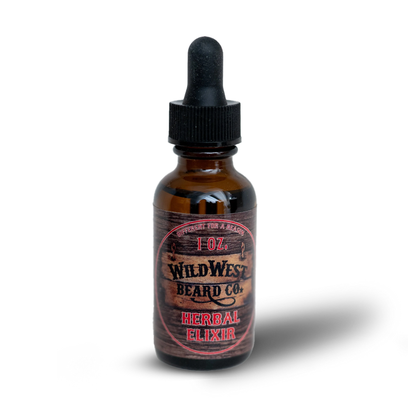 Bottle of Wild West Beard Co. Herbal Elixer on a white background