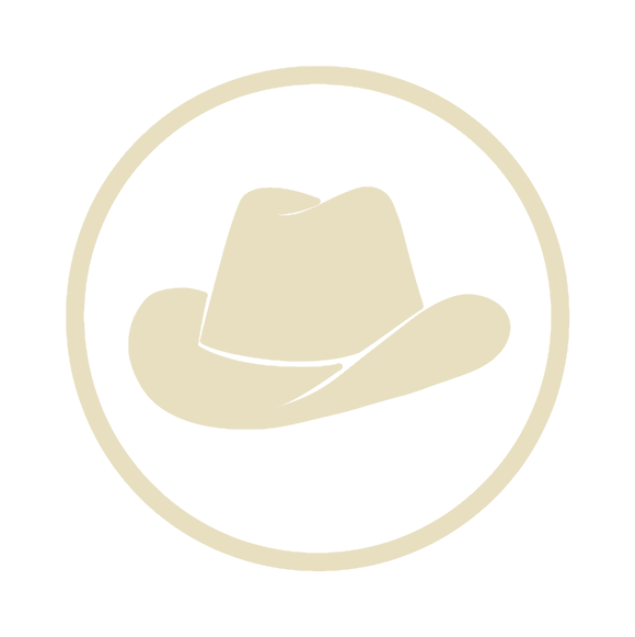 Beige cowboy hat icon inside a circular border on a white background