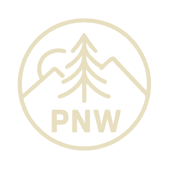 Logo with a tree and mountain silhouette and 'PNW' text inside a circle on a white background