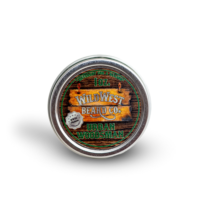 A clean shot of the Urban Woodsman Platinum all natural beard balm tin