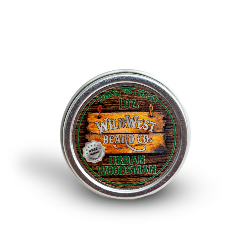 A clean shot of the Urban Woodsman Platinum all natural beard balm tin