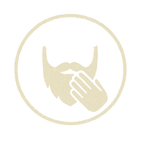 Beige icon of a hand with a beard and mustache inside a circle on a white background