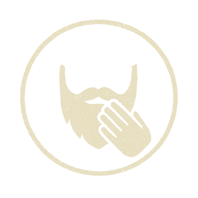 Beige icon of a hand with a beard and mustache inside a circle on a white background