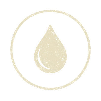 Beige water droplet icon inside a circle on a white background
