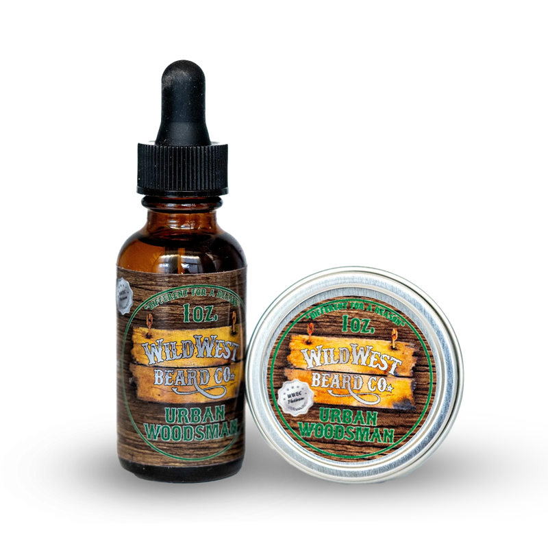 Wild West Beard Co. Urban Woodsman product packaging on a white background
