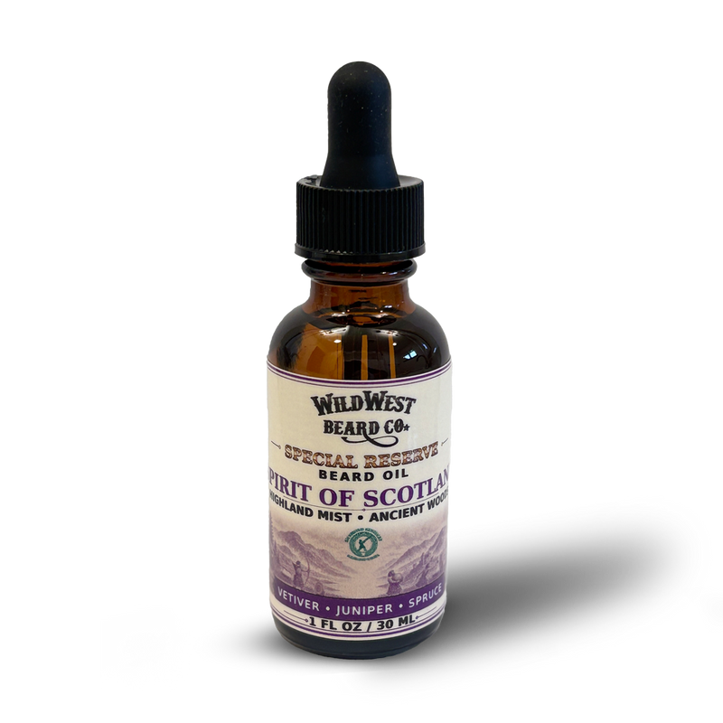 Spirit of Scotland Special Reserve beard oil, 1 fl oz bottle on white